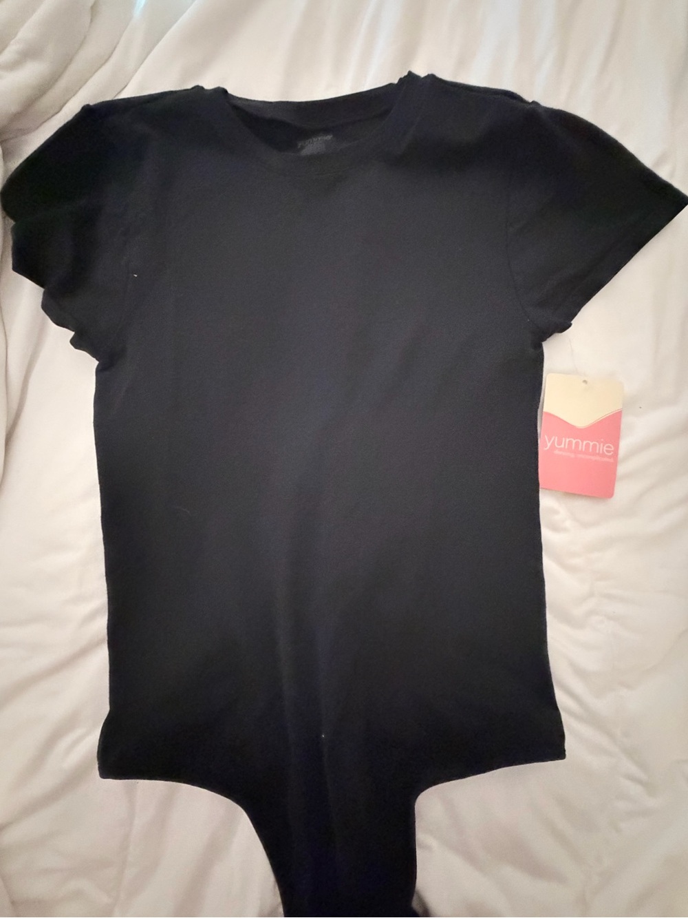 Yummie Black Short Sleeve Thong Bodysuit L/XL